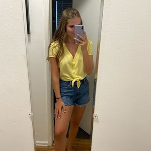 Forever 21 Yellow Tie Cropped Shirt